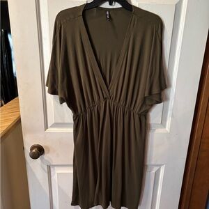 Elegant Olive Green V-Neck Dress